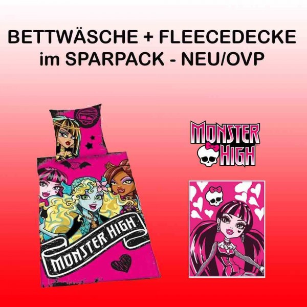 MONSTER HIGH BIBER BETTWÄSCHE PINK 135/200 + FLEECEDECKE BUNDLE NEU/OVP DECKE ~2