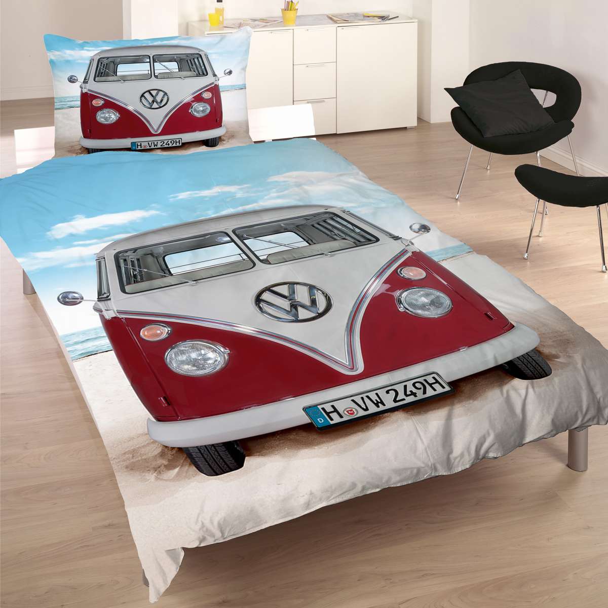 BERONAGE VW Volkswagen Bulli Bed Linen Originals Red/Blue 135 cm x 200 cm 80 cm x 80 cm VW Bus T1 100% Cotton Lawn/Renforcé Retro Camper Van 2